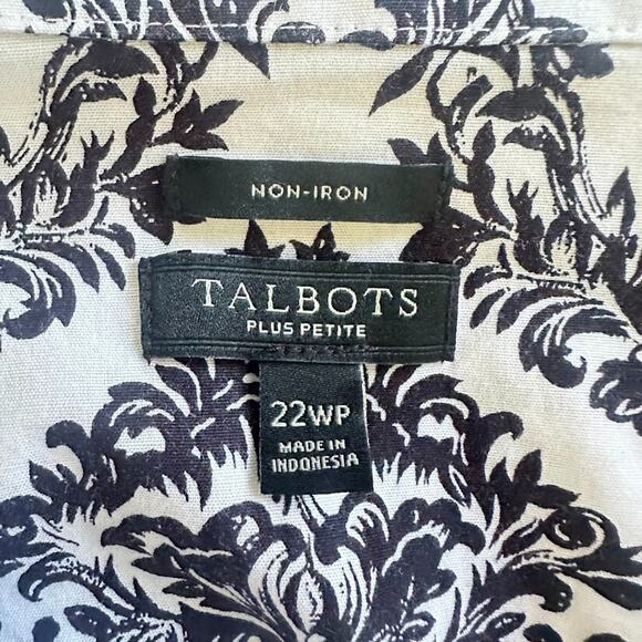 Talbots Top Blouse Women Plus Petite 22WP Button Up White Black Floral Non Iron - Picture 6 of 9